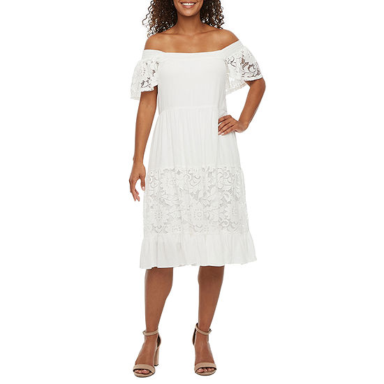 Robbie Bee Petite Off The Shoulder Lace Inset Midi Swing Dress