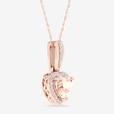 Womens Diamond Accent Genuine Pink Morganite 10K Rose Gold Heart Pendant Necklace