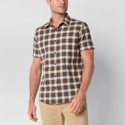 mutual weave Mens Regular Fit Short Sleeve Plaid Poplin ButtonDown