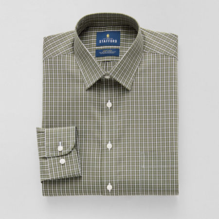 Stafford Smart Tech Mens Regular Fit Stretch Fabric Wrinkle Free Long Sleeve Dress Shirt, 15-15.5 32-33, Green