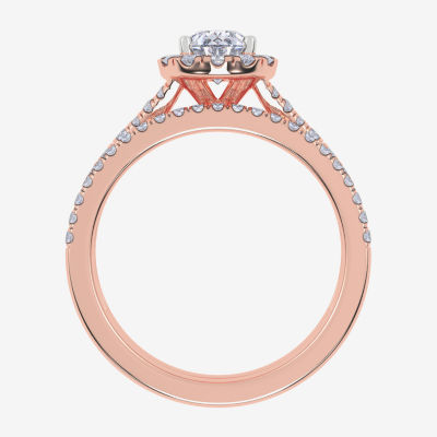 (G / Vs2-Si1) Womens 1 CT. T.W. Lab Grown White Diamond 10K Rose Gold Pear Side Stone Halo Bridal Set