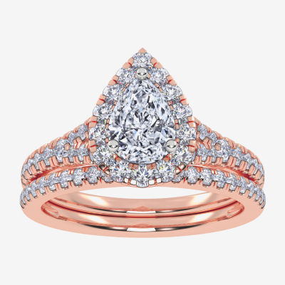 (G / Vs2-Si1) Womens 1 CT. T.W. Lab Grown White Diamond 10K Rose Gold Pear Side Stone Halo Bridal Set