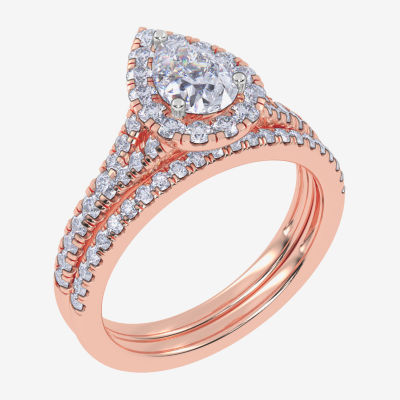 (G / Vs2-Si1) Womens 1 CT. T.W. Lab Grown White Diamond 10K Rose Gold Pear Side Stone Halo Bridal Set