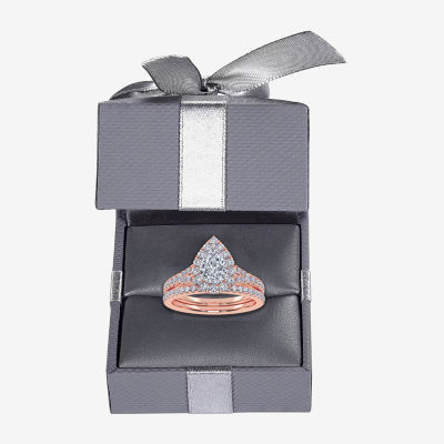 (G / Vs2-Si1) Womens 1 CT. T.W. Lab Grown White Diamond 10K Rose Gold Pear Side Stone Halo Bridal Set