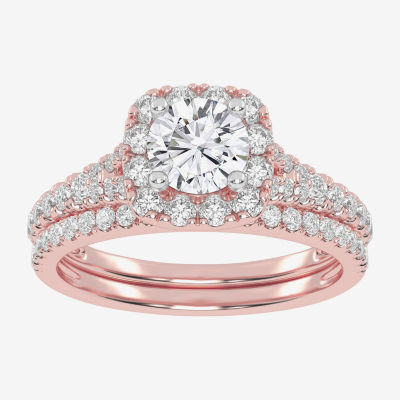 (G / Vs2-Si1) Womens 1 CT. T.W. Lab Grown White Diamond 10K Rose Gold Cushion Side Stone Halo Bridal Set