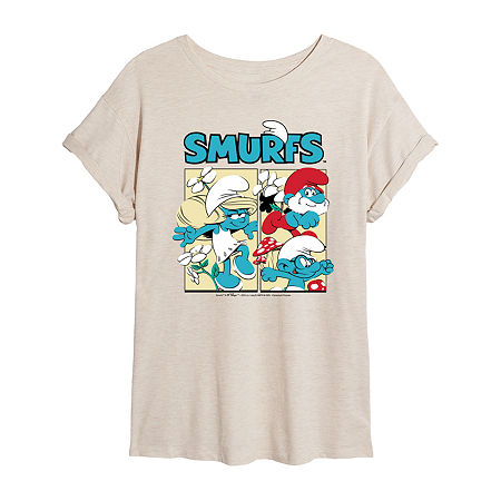 Comic Tee Womens Crew Neck Short Sleeve Oversized Smurfs Juniors Graphic T-Shirt, Xx-large, Beige