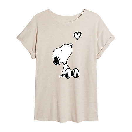 Novelty T-shirts Womens Juniors Crew Neck Short Sleeve Oversized Peanuts Snoopy Graphic T-shirt In Sand