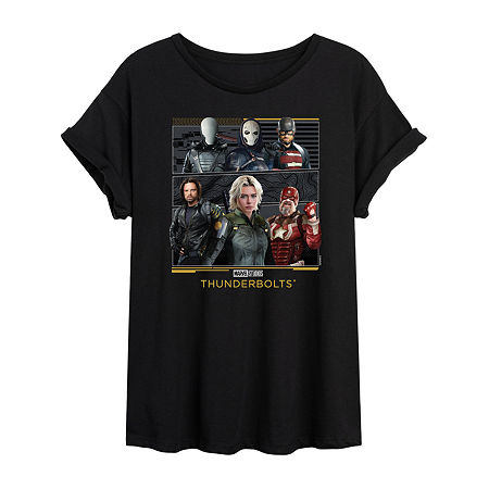 Novelty T-shirts Thunderbolts Womens Juniors Crew Neck Short Sleeve Oversized Marvel Graphic T-shirt In Black