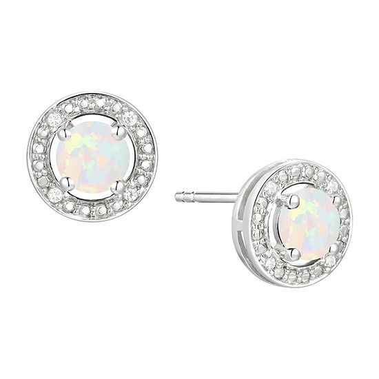 Diamond Accent Lab Created White Opal Sterling Silver 6mm Stud Earrings