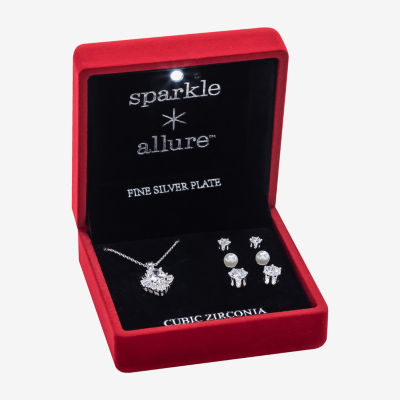 Sparkle Allure Light Up Box Cluster 4-pc. Simulated Pearl Pure Silver Over Brass Oval Jewelry Set