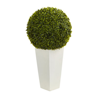 28” Boxwood Topiary Ball Artificial Plant in White Tower Planter (Indoor/Outdoor)