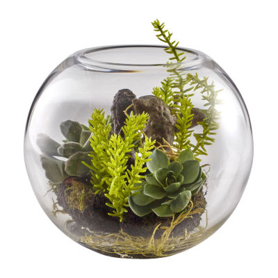 Nearly Natural Mix Succulent Garden With Glass Vase Artificial Flowers