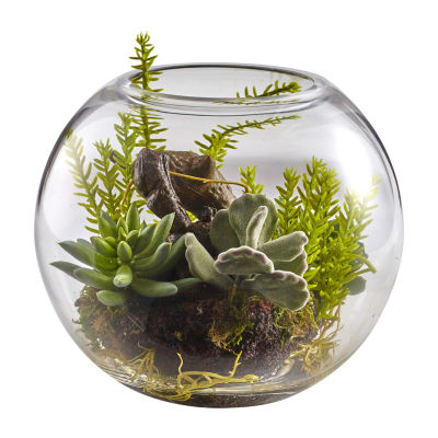 Nearly Natural Mix Succulent Garden With Glass Vase Artificial Flowers