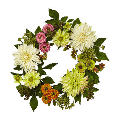 Nearly Natural 22 Dahlia Mum Wreath Artificial Flowers