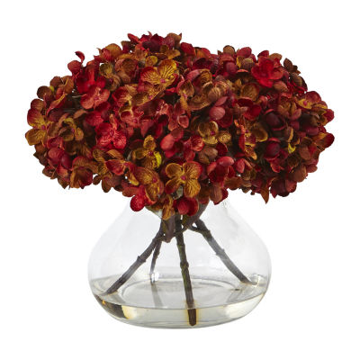 Nearly Natural 8.5"H Hydrangea Silk Flower Arrangement With Glass Vase Artificial Flowers