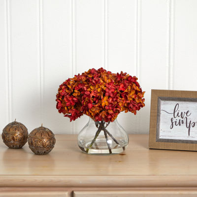Nearly Natural 8.5"H Hydrangea Silk Flower Arrangement With Glass Vase Artificial Flowers