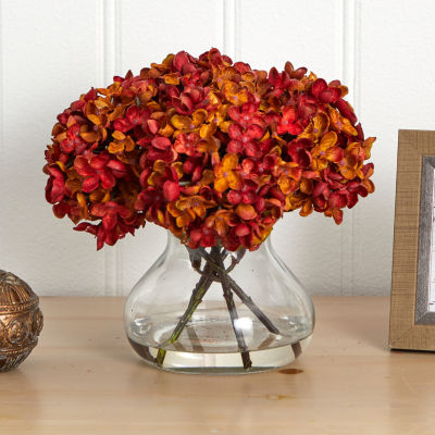 Nearly Natural 8.5"H Hydrangea Silk Flower Arrangement With Glass Vase Artificial Flowers