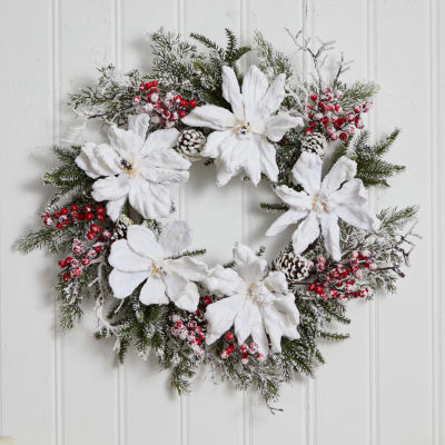 Nearly Natural 22” Snowed Magnolia & Berry Indoor Christmas Wreath
