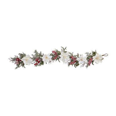 Nearly Natural 60” Frosted Magnolia & Berry Artificial Garland Flocked Christmas Indoor Garland