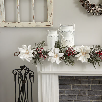 Nearly Natural 60” Frosted Magnolia & Berry Artificial Garland Flocked Christmas Indoor Garland