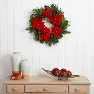 Nearly Natural 28” Poinsettia And Pine Wreath Indoor Christmas Wreath