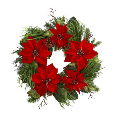 Nearly Natural 28” Poinsettia And Pine Wreath Indoor Christmas Wreath