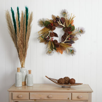 Nearly Natural 27in. Magnolia Leaf; Berry; Antler And Peacock Feather Indoor Christmas Wreath