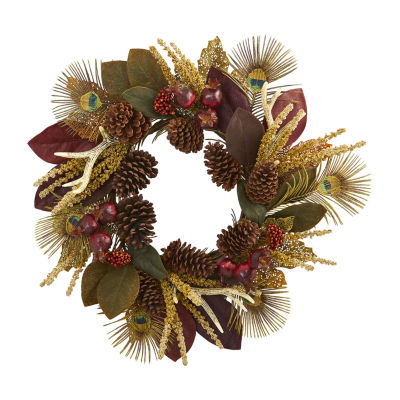 Nearly Natural 27in. Magnolia Leaf; Berry; Antler And Peacock Feather Indoor Christmas Wreath