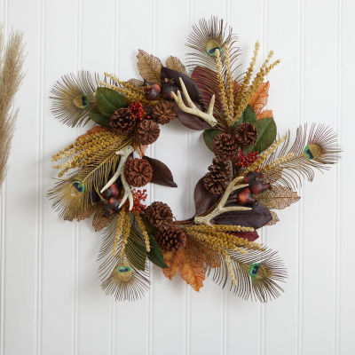 Nearly Natural 27in. Magnolia Leaf; Berry; Antler And Peacock Feather Indoor Christmas Wreath