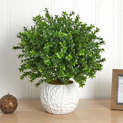 Boxwood Evergreen Artficial Plant in White Vase (Indoor/Outdoor)