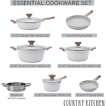 Country Kitchen Induction Cookware Sets - 13 Piece Nonstick Cast Aluminum Pots and Pans with Bakelite Handles, Glass Lids (Navy)