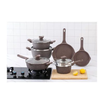 Country Kitchen Nonstick Induction Cookware Sets - 11 Piece Cast Aluminum Pots and Pans with Bakelite Handles with Glass Lids