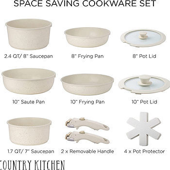 Country Kitchen 13 Piece Pots and Pans Set - Safe Nonstick Cookware Set Detachable Handle Kitchen Cookware with Removable Handle RV Cookware Set Oven