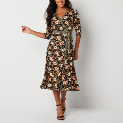 Perceptions 3/4 Sleeve Floral Reversible Midi Wrap Dress