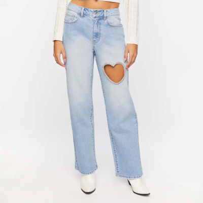 Forever 21 Juniors Heart Cutout Straight Fit Denim Pant Womens Mid Rise Straight Leg Jean