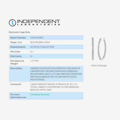 (H-I / I1) 1 CT. T.W. Lab Grown Diamond 10K or 14K White or Yellow Gold 25mm Hoop Earrings