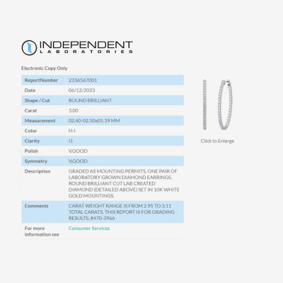(H-I / I1) 3 CT. T.W. Lab Grown White Diamond 14K White Gold 9.9mm Hoop Earrings