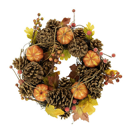 Northlight 13.5in Pinecone And Pumpkin Unlit Wreath, One Size, Brown