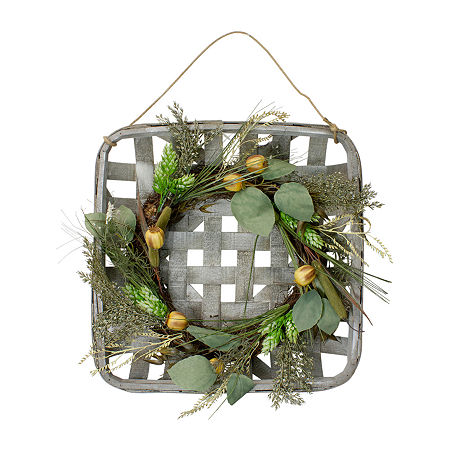 Northlight Cattail Grapevine Wooden Tray Hanging Wreath, One Size, Green