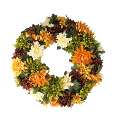 Northlight 19.5in Orange And Green Chrysanthemum Unlit Wreath