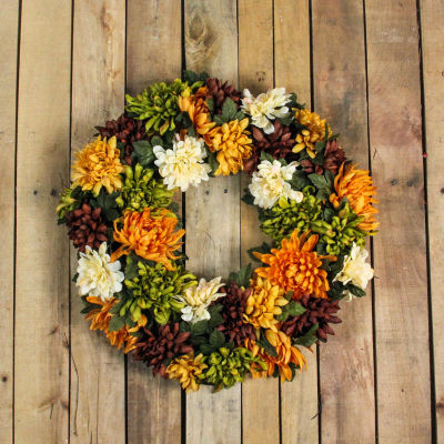 Northlight 19.5in Orange And Green Chrysanthemum Unlit Wreath