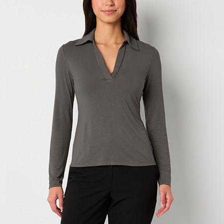 Worthington Womens Long Sleeve Polo Shirt, Medium, Gray