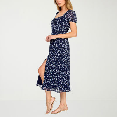 Trixxi Womens Juniors Short Sleeve Floral Midi Fit + Flare Dress