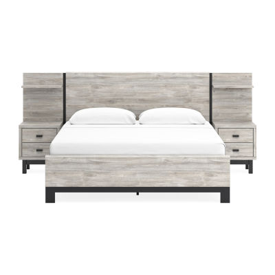Signature Design by Ashley Vessalli Queen Panel Bed with Headboard Extensions and 2 Nightstands in Light Gray