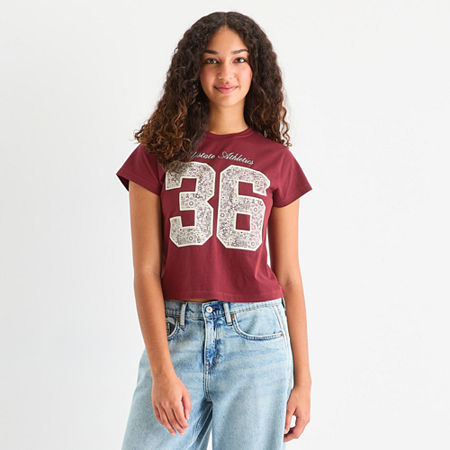 Arizona Womens Juniors Crew Neck Short Sleeve Graphic T-Shirt, Medium, Red