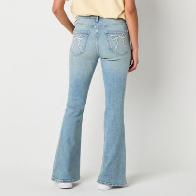 Arizona - Juniors Short Bow Pockets Womens Low Rise Flare Leg Jean