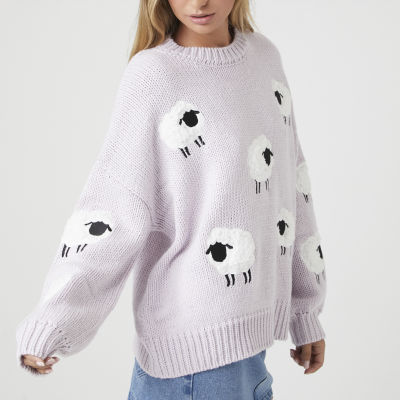 Forever 21 Juniors Sheeps Embellished Womens Crew Neck Long Sleeve Animal Pullover Sweater