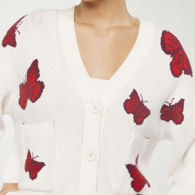 Forever 21 Butterflies Intarsia Cardigan Womens V Neck Long Sleeve Button Juniors