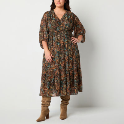 Studio 1 Womens 3/4 Sleeve Paisley Fit + Flare Dress Plus