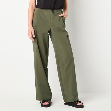 Stylus Womens Mid Rise Stretch Fabric Wide Leg Cargo Pant, Large Long, Green